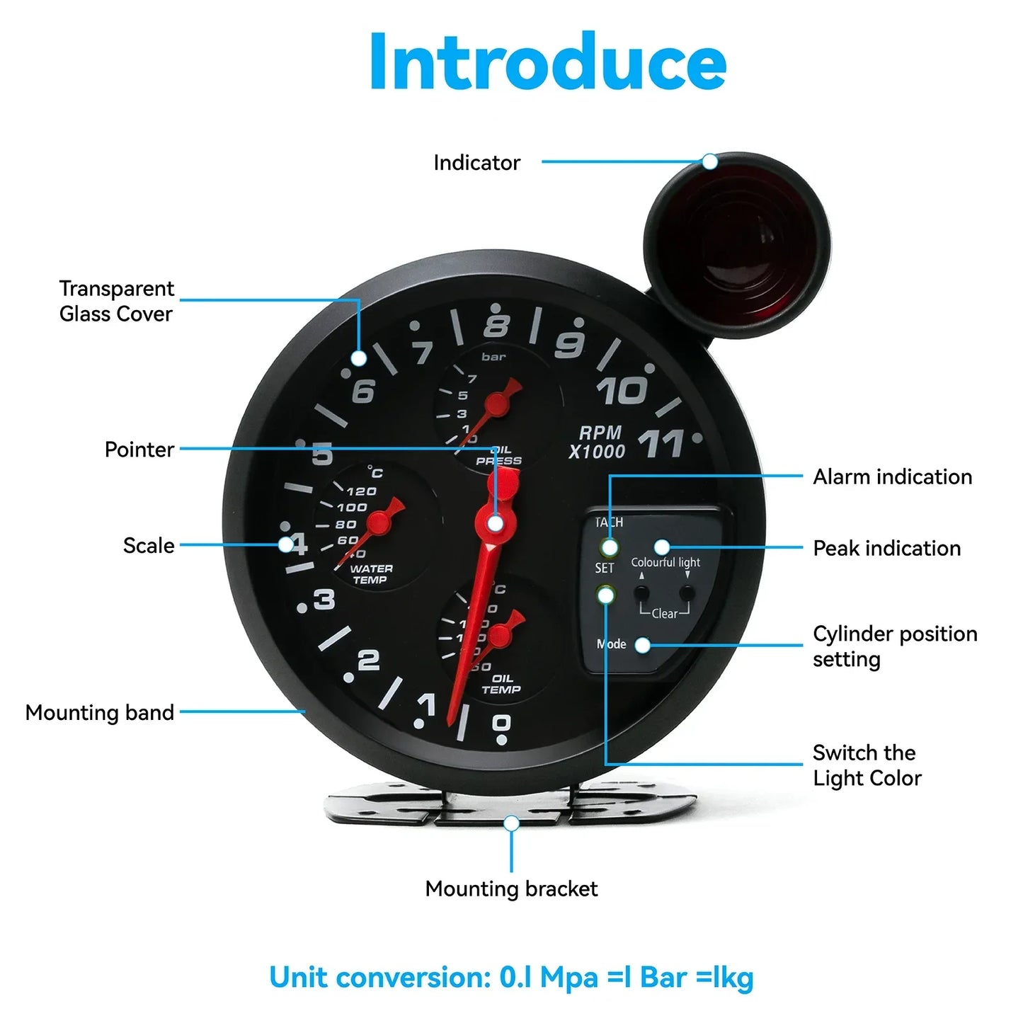 5" Car Gauge 4-in-1 Tachometer Water Temperature Oil Temperature Oil Pressure Gauges Multifunctional Gauge with Alarm Function