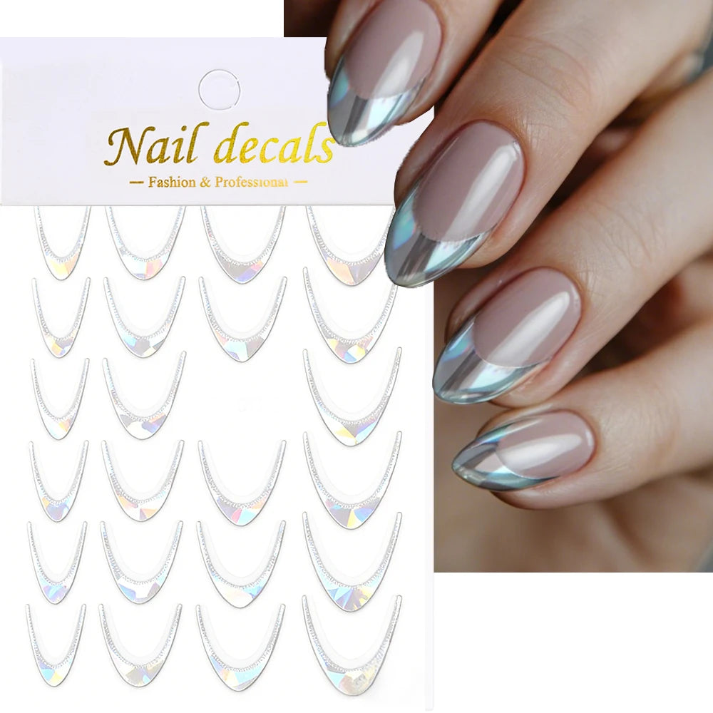 3D Gold Stamping V-Shaped French Tips Nail Art Stickers Retro Metal French Line Nail Decals Chrome Curved Strip Nail Decoration