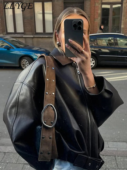 Street Women's Belt Leather Jackets Loose Lapel Zipper Long Sleeve Pockets Female Coats 2026 Autumn Lady Fashion Y2k Outwear