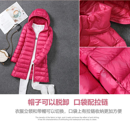 Women Ultra Light Long Down Jacket Coats Autumn Winter Loose Long Sleeve Zip Up Loose Korean Hooded Detachable Tops Outwear
