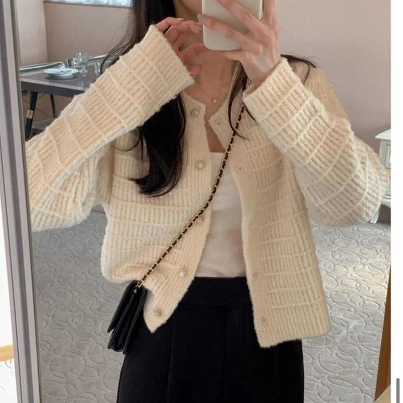 Autumn Elegant Korean O Neck Women's Long Sleeve Jacket Sweet Pink Small Fragrance Retro Short Knitted Cardigan for Lady Spring