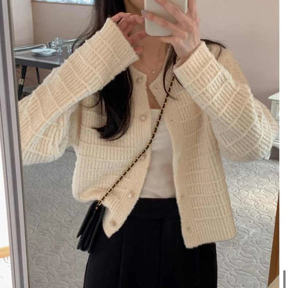 Autumn Elegant Korean O Neck Women's Long Sleeve Jacket Sweet Pink Small Fragrance Retro Short Knitted Cardigan for Lady Spring