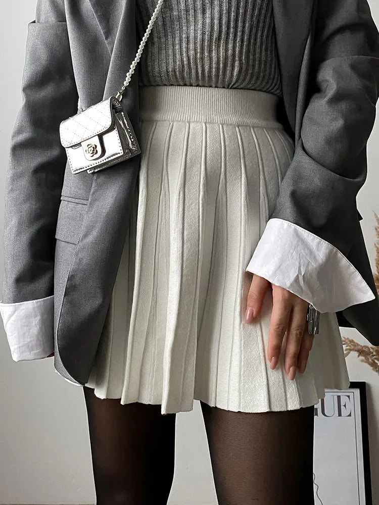 Autumn Knit White Mini Pleated Skirts For Women A Line Skirt Gray High Waist Women Knitted Pleated Short Skirts Korean Fashion