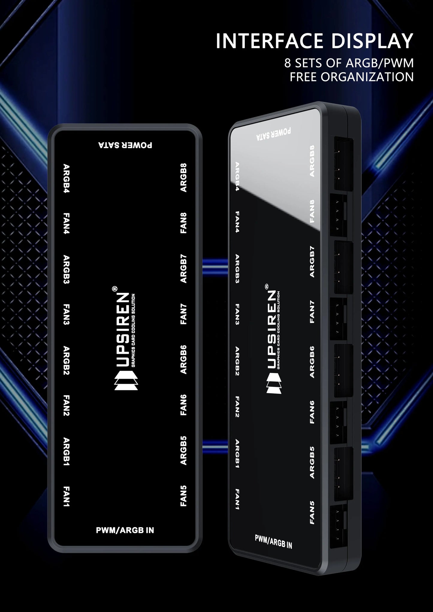 UPSIREN HU-8 Chassis Fan Hub，8 Sets of ARGB and PWM Interfaces,Bottom magnetic design，Support motherboard synchronization