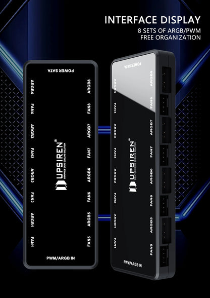UPSIREN HU-8 Chassis Fan Hub，8 Sets of ARGB and PWM Interfaces,Bottom magnetic design，Support motherboard synchronization
