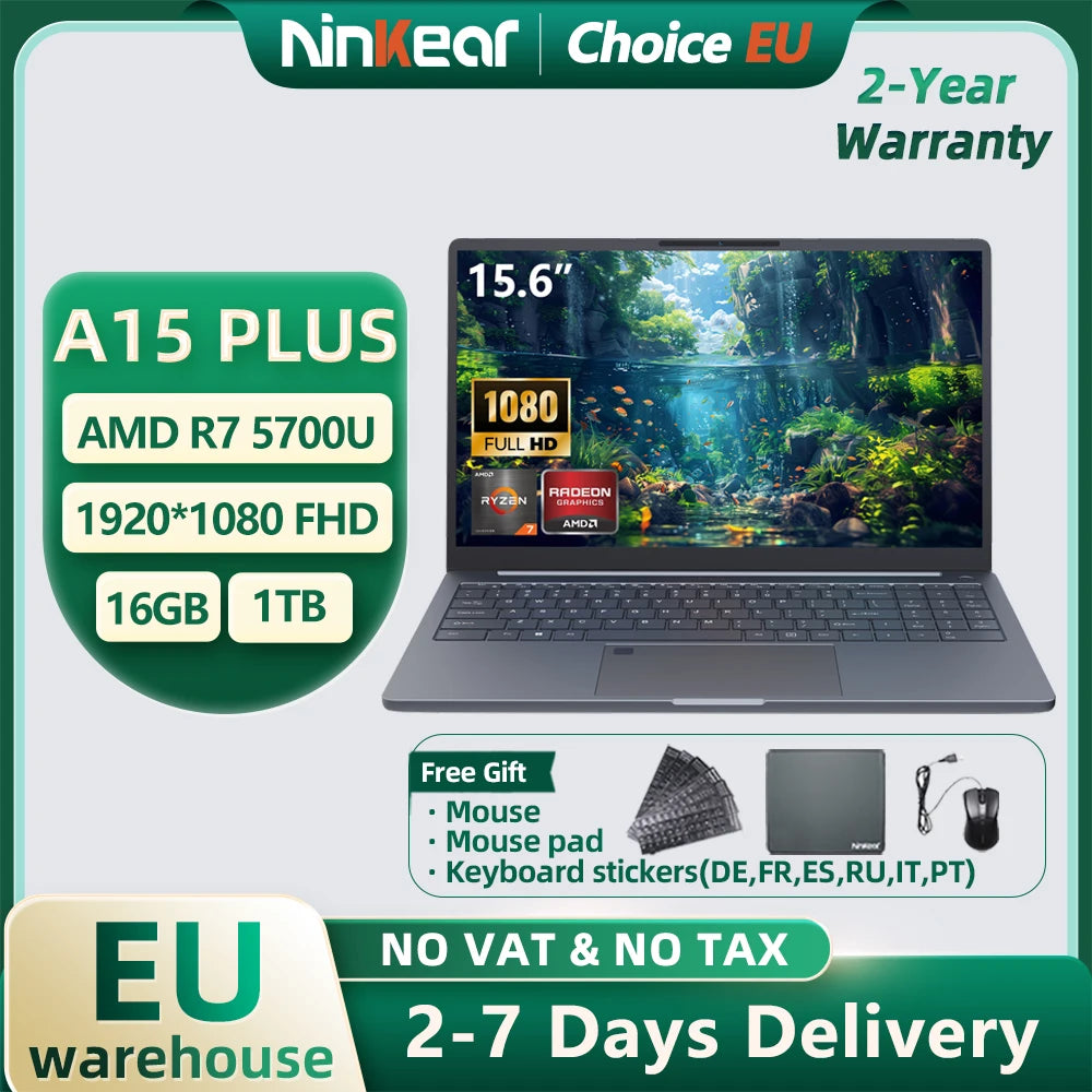 Ninkear A15 PLUS Laptop 15.6" IPS FHD AMD Ryzen 7 5825U Notebook 16G DDR4 +1TB PCI-E 57Wh Battery Windows 11 PRO Office Computer