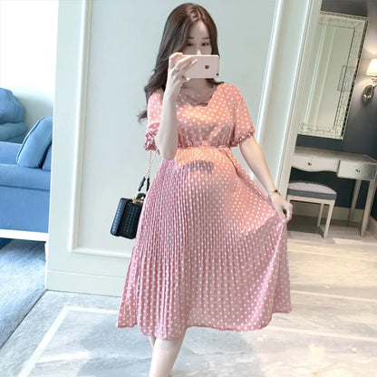 Summer Maternity Dress for Pregnant Women Petal Collar Bubble Sleeve High Waist Peter Pan Casual Temperament Gown