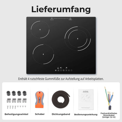 6000W Built-in Ceramic Hob, 4 Zone Induction Cooktop with Touch Control, 9 Power Levels, Timer & Child Lock, 60cm Black Glass