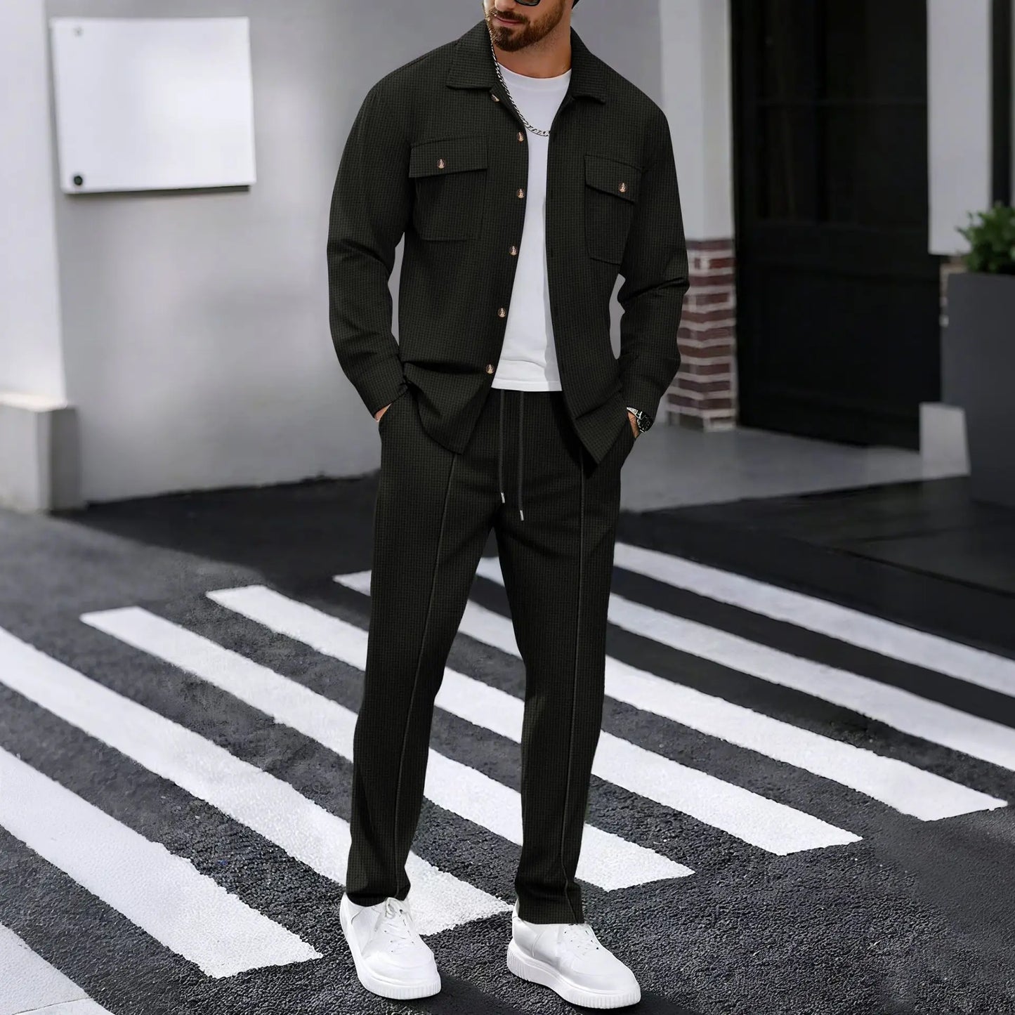 New Men's Solidcolor Waffle Longsleeved Pants Set High Quality Fashionable Comfortable With Double Pockets Workwear Style Cardig