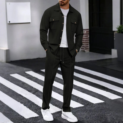 New Men's Solidcolor Waffle Longsleeved Pants Set High Quality Fashionable Comfortable With Double Pockets Workwear Style Cardig