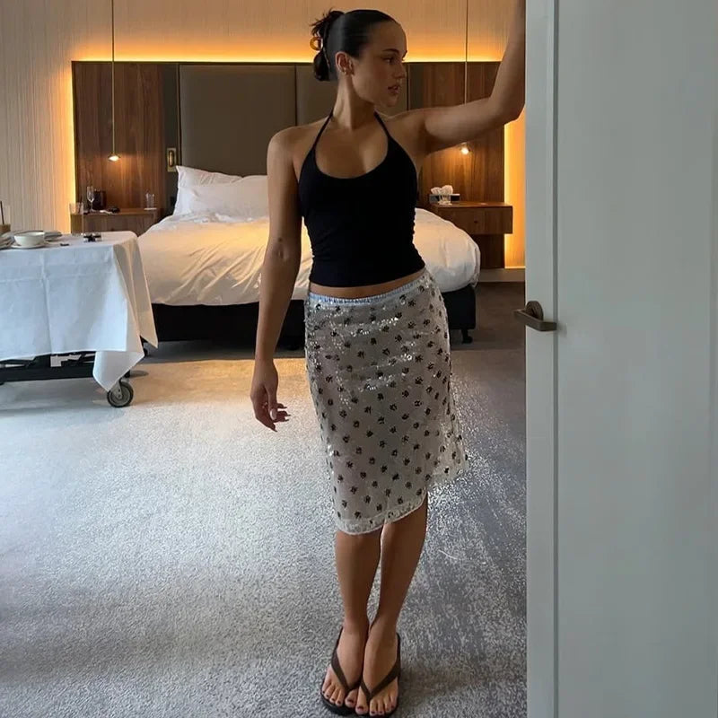High Waist Glitter Skirt Fashion Sequins Vintage Polka Dot Printed Skirts Summer Party Y2k Sexy Hot Girls Womens Skirt