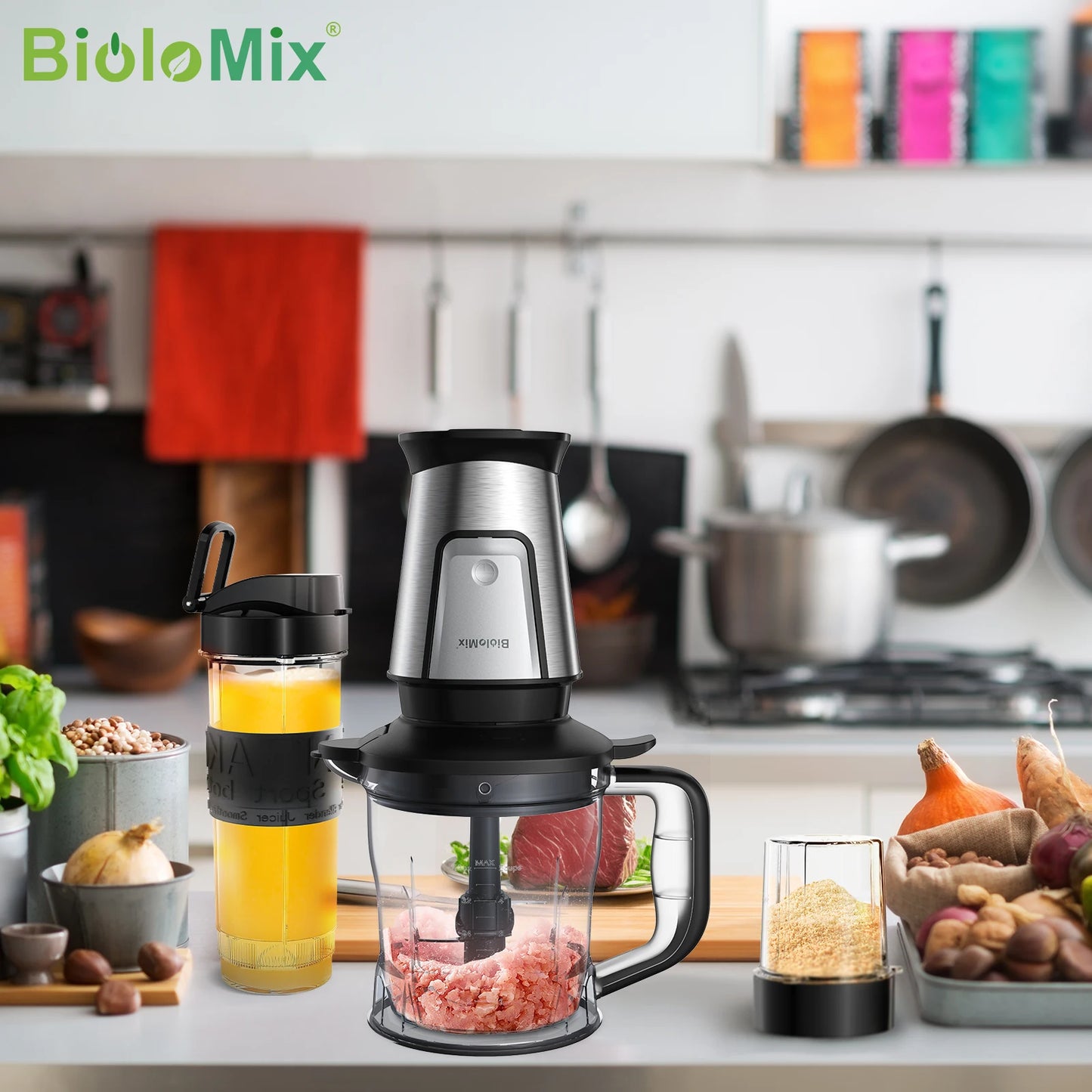 BioloMix 700W Compact Kitchen Blender 3-in-1 Juicer Food Processor and Dry Grinder Perfect for Making Fresh Juices Dips