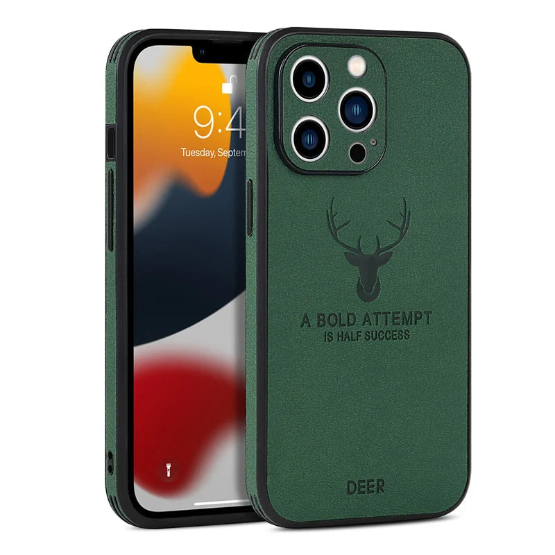 Luxury Business Leather Bumper Case For iPhone 17 Air 16 15 14 13 12 11 Pro Max Mini Plus Shockproof Soft Deer Head Back Cover