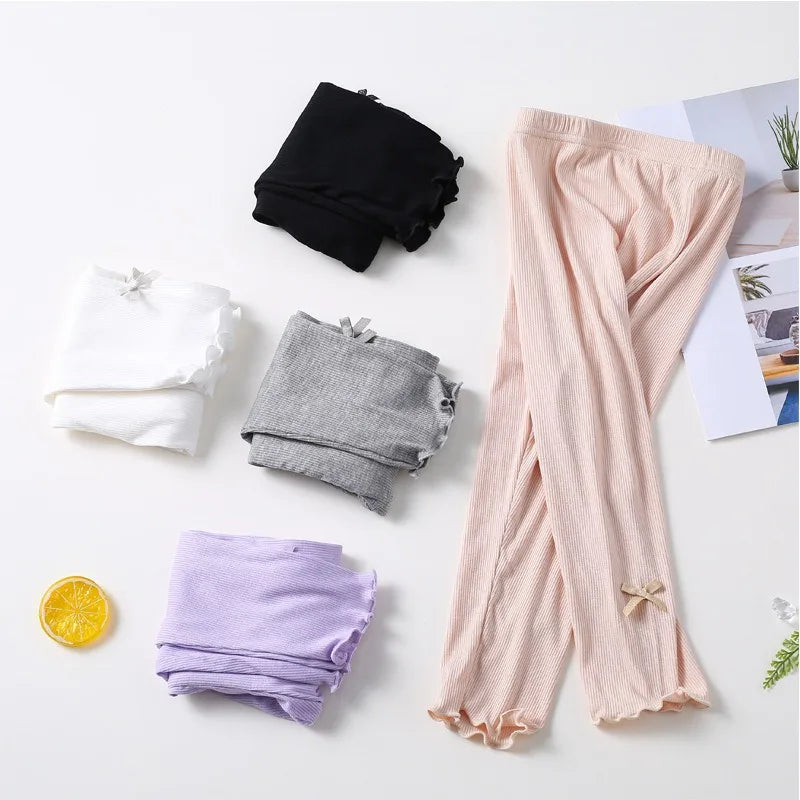 Summer 2026 kids Cropped Leggings Baby Girls Vintage Stripes Elastic Slim Lace cuffs Pants Leggings High Waist Girls Clothing