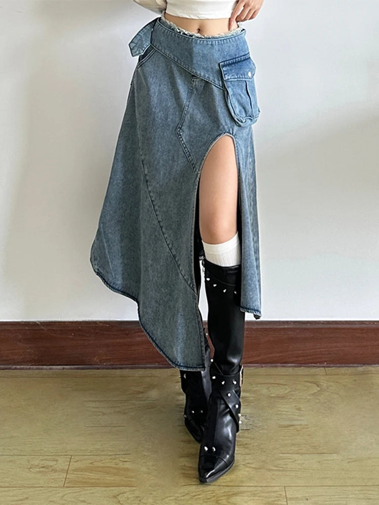 [EAM] High Waist Blue Denim Irregular Hem Slit Midi A-line Half-body Skirt Women Fashion Tide New Spring Autumn 2026 1DJ6538