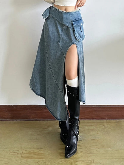 [EAM] High Waist Blue Denim Irregular Hem Slit Midi A-line Half-body Skirt Women Fashion Tide New Spring Autumn 2026 1DJ6538