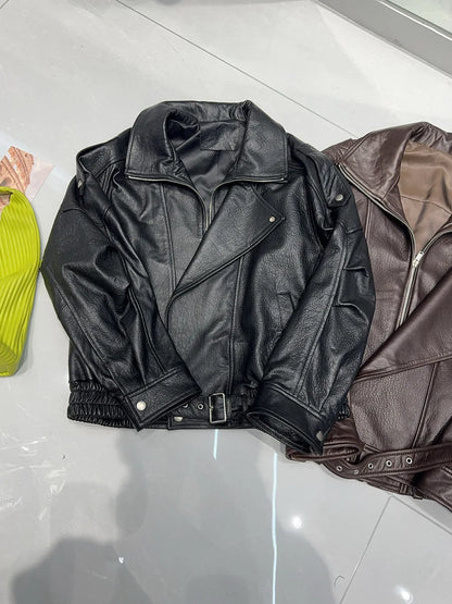 New Outerwear Leather Jacket Women American Retro Top Sheepskin Bubble Leather Double Lapel Loose Profile Coffee Locomotive Coat