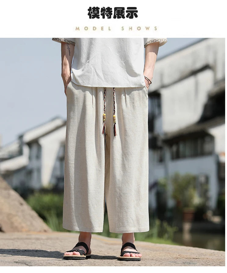 Men Loose Fit Shorts Summer Breathable Casual Pants Wide Leg Linen Cotton Plus Size5XL Comfortable Outdoor Harajuku Trousers Men