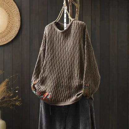Winter Fall Fashion Vintage Sweater Women's O-neck Loose Casual Lazy-style Casual Pullover Tops Flower Print Patchwork Knitwear