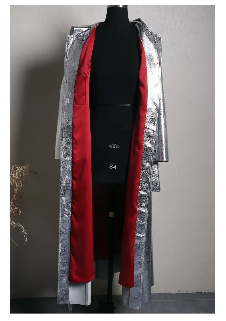 Lautaro Spring Autumn Extra Long Cool Silver Shiny Reflective Pu Leather Trench Coat for Women with Hood Luxury Runway Fashion