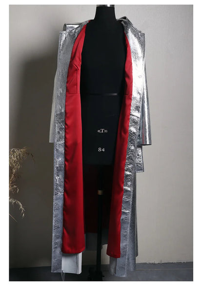 Lautaro Spring Autumn Extra Long Cool Silver Shiny Reflective Pu Leather Trench Coat for Women with Hood Luxury Runway Fashion
