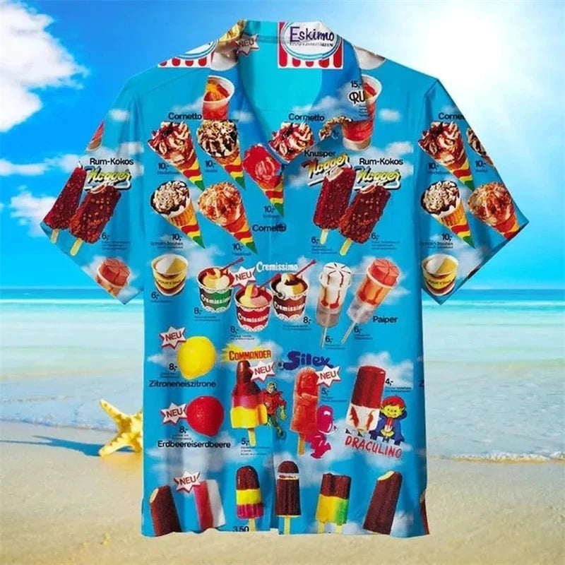 2024 Hawaiian Shirt For Men Summer Ice Cream T-Shirt Beach Prints Short Sleeved Shirt Tops Casual Original Design Men's Clothing