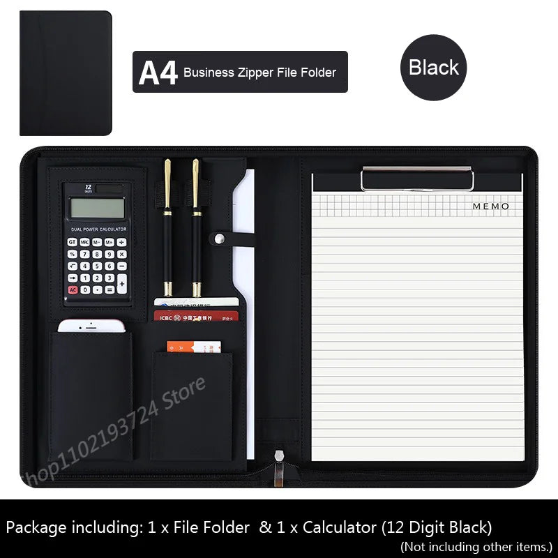 Executive Business A4 Leather Portfolio Folder Clipboard for Zippered Desk Organizer Document Briefcase Calculator for Office