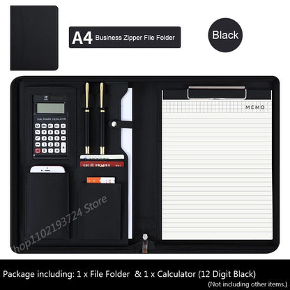 Executive Business A4 Leather Portfolio Folder Clipboard for Zippered Desk Organizer Document Briefcase Calculator for Office