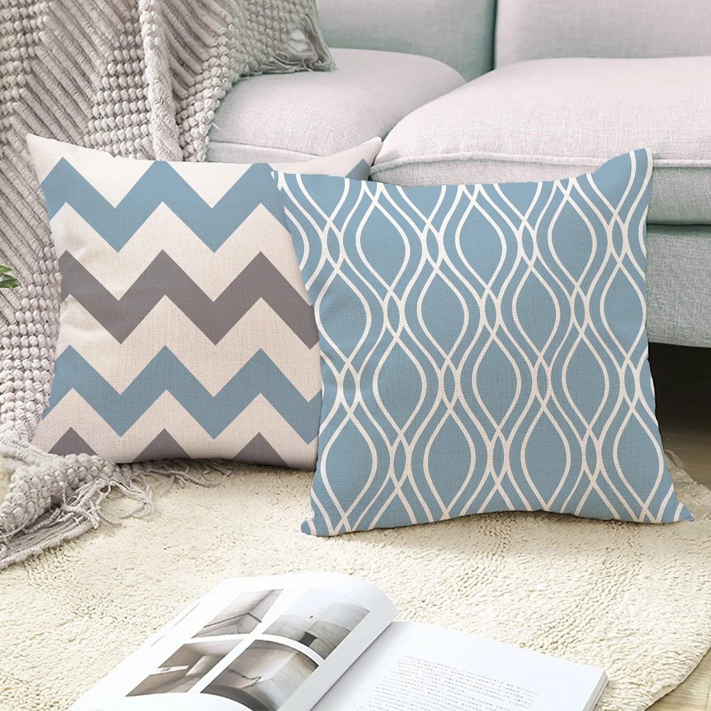 Lake blue white geometric linen pillowcase sofa cushion cover home decoration can be customized for you 40x40 45x45 50x50 60x60