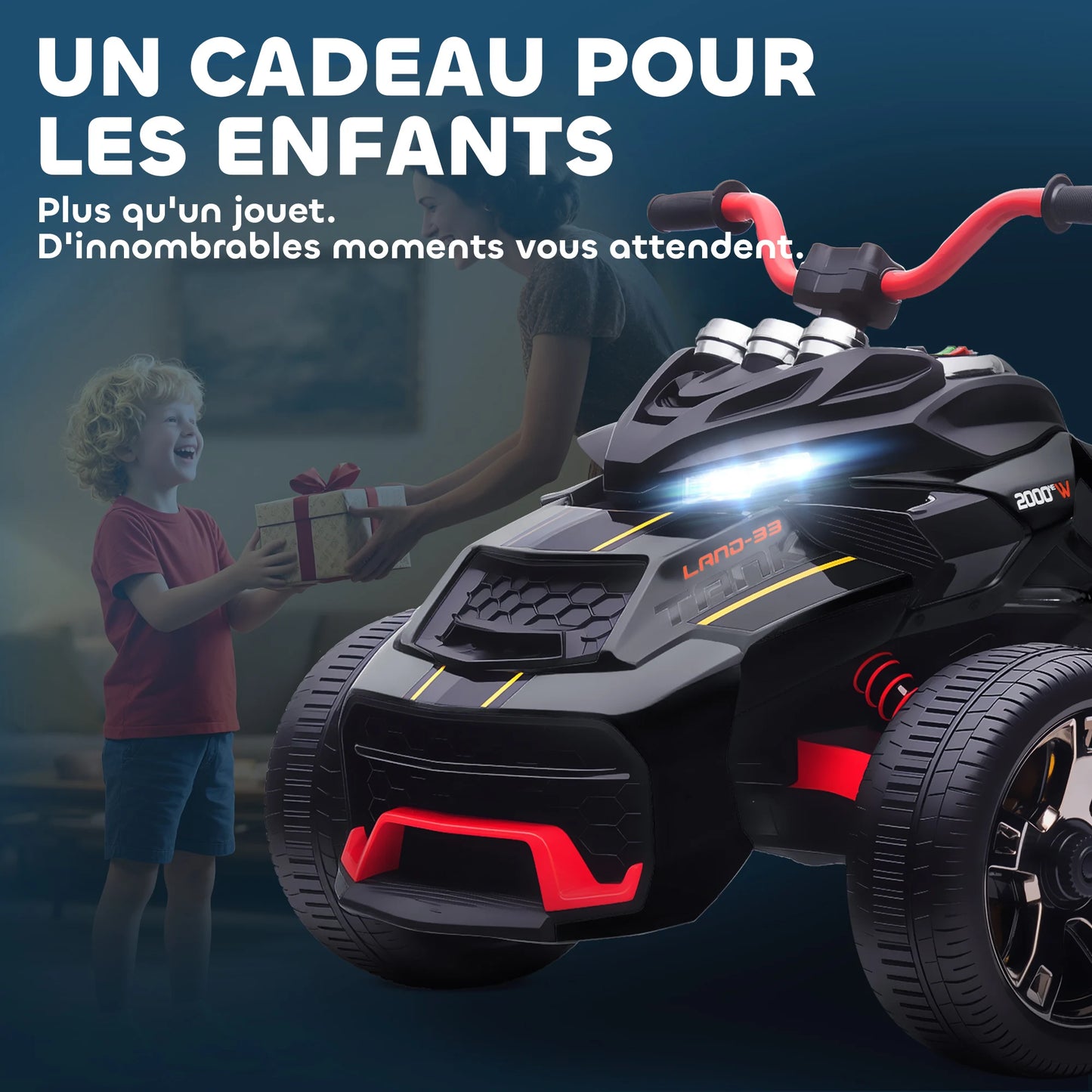 Electric toy car, children’s electric car, 12V, 3 wheels, 2 motors, MP3 player, speaker, 2 speeds, speed 3–5 km/h, black, electric toy car for children, electric pushchair, equestrian pushchair