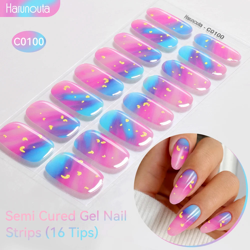 Gradient Auroras Semi Cured Gel Nail Strips Sparkly Shinning DIY Gel Polish Stickers for Nails Works with UV/LED Nail Lamps