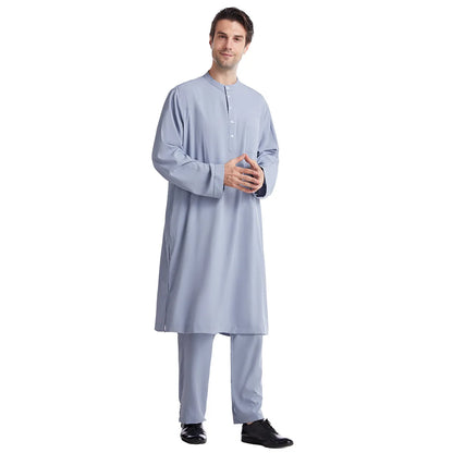Muslim Men Jubba Thobe 2 Pice Set Top with Pant Mens Abaya Long Islamic Eid 2025 Ramadan Long Robe Saudi Wear Caftan Dubai Arab