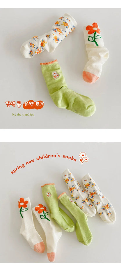 1-12Year 3Pairs Pack 2024 Spring Floral Medium Stockings Embroidery Lace Thin Princess Stockings Girls' Socks