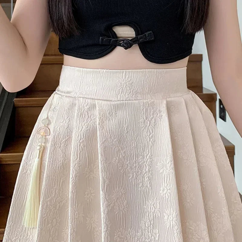 2025 Summer Female Plus Size Elastic Waist Skirts Women High Waisted Pleated Short Dress Lady Chic Designer Solid Printed Skirts
