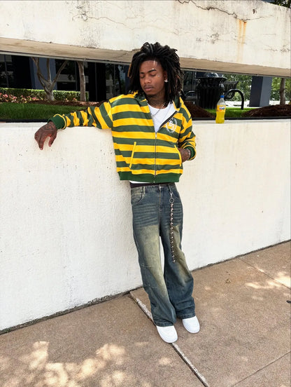 Y2K Street Kid Zip Up Hoodie Stripe Rivet Embroidery Pattern Sweatshirt New Men Hip Hop Fashion Streetwear Unisex Boxy Clothing