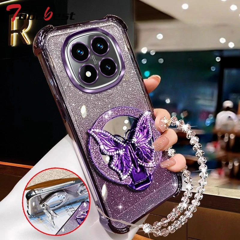 Glitter Butterfly Mirror Crystal Bracelet Case For Xiaomi Redmi Note 15 15C 14 14C 13 13C 12 11 Pro Plus 4G 5G Shockproof Cover