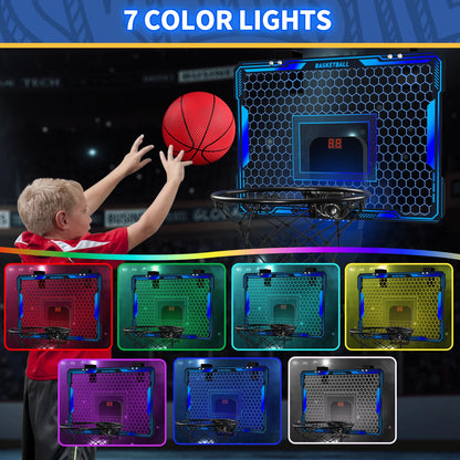 Basketball Hoop Indoor, Mini Basketball Hoop with 7 LED Lighting, Scoreboard, Over Door Basketball Hoop with 3 Modes, Volume Adjustable, Foldable, Basketball Toys for Kids,Birthday Halloween Christmas Gift