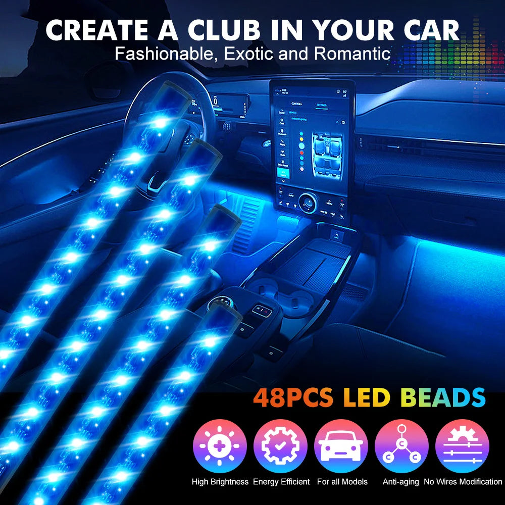 48 72 LED RGB Car Foot Light & Underglow Neon Lamp, Music Sync Interior Ambient Light with Remote Control, USB & 12V Dual Power Plug, Multi-Colour Atmosphere Decorative Lighting for Universal Auto Interior Exterior Decoration