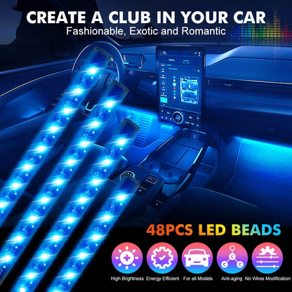 48 72 LED RGB Car Foot Light & Underglow Neon Lamp, Music Sync Interior Ambient Light with Remote Control, USB & 12V Dual Power Plug, Multi-Colour Atmosphere Decorative Lighting for Universal Auto Interior Exterior Decoration