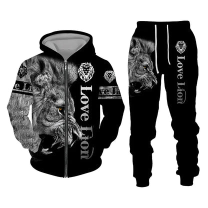 Spring and Autumn Men's Tracksuit 3D The Lion Print Zipper Hoodies Sweatshirts Pants Sets Casual Mens Clothing Women's Tracksuit