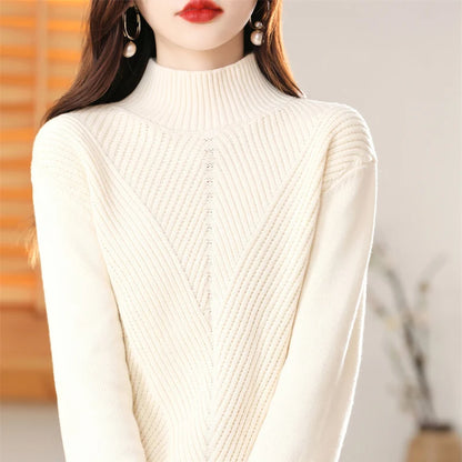 Women 100% Cotton Knit Sweater Half-high Collar Stripe Pullover Autumn Winter Thickened Bottoming Clothing Casual Knitted Tops