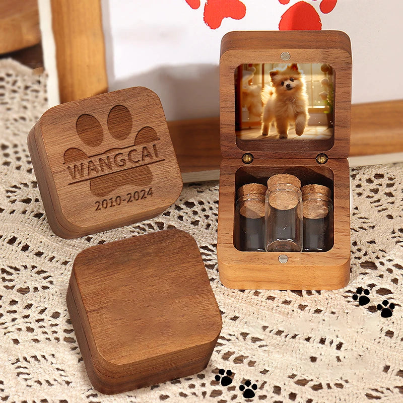 Personalized Pet Hair Memorial Box Custom Engraved Wooden Keepsake Container for Pet Hair Nails Teeth Pet Loss Sympathy Gift