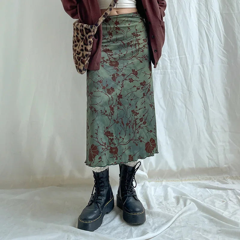 Harajuku Floral Print Long Skirt Vintage Low Rise Straight Midi Skirts for Women Autumn Basic All-match Skirts Ladies Y2k