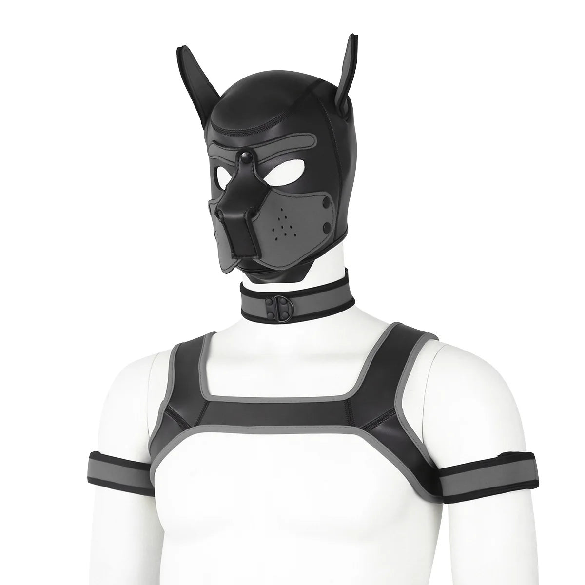 Large Size Puppy Cosplay Neoprene Fetish Hood Mask Kit with Chest Strap Collar Armband Sex Costumes for Bdsm Slave Role Play