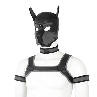Large Size Puppy Cosplay Neoprene Fetish Hood Mask Kit with Chest Strap Collar Armband Sex Costumes for Bdsm Slave Role Play