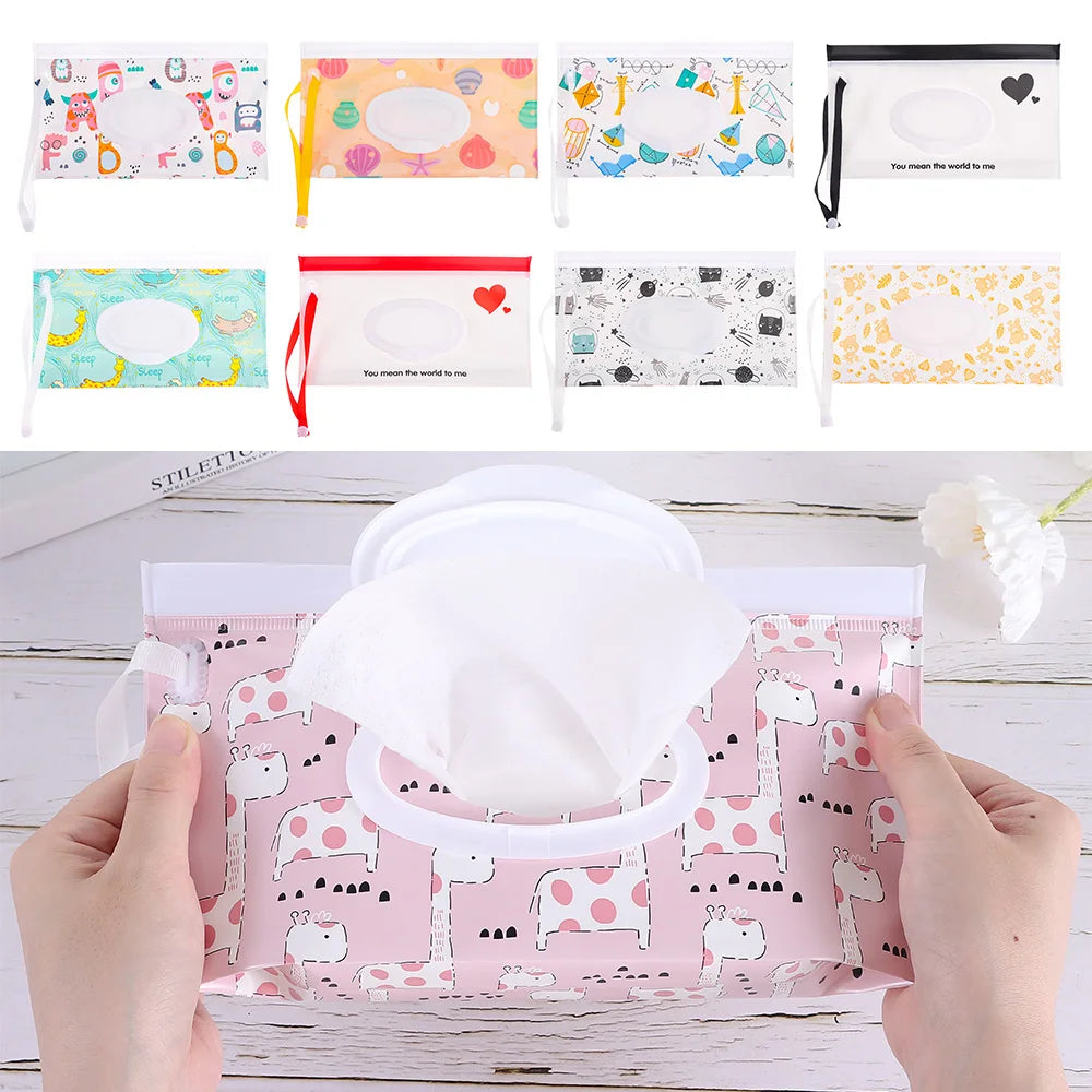 Cute EVA Baby Wet Wipe Pouch Wipes Holder Case Flip Cover Snap-Strap Reusable Refillable Wet Wipe Bag Outdoor Home Tissue Box