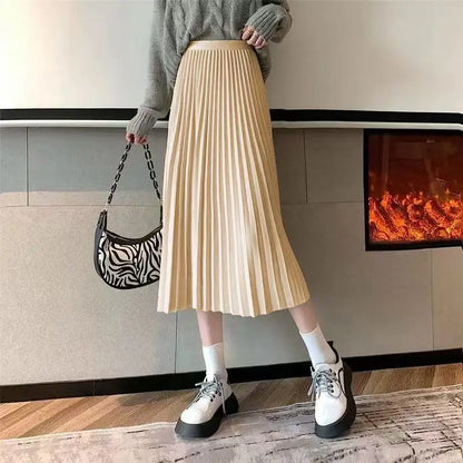Women Summer Solid Pleated Satin Long Skirt Korean New Fashion Ladies Work Casual Elastic High Waist A Line Party Loose Skirts
