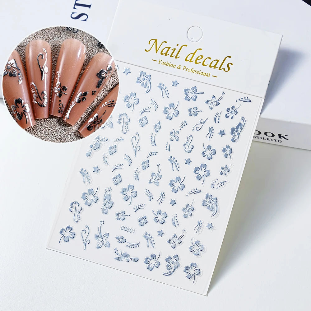 1pc 3D Hibiscus Flowers Nail Sticker White Black Flower Petals Adhesive Decals Pink Golden Floral Slider For Nail Art Decoration