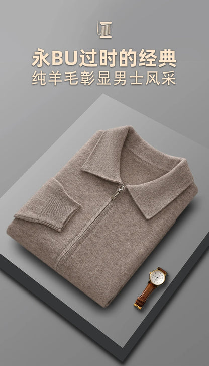 Men's 100% Merino Wool Thickened Sweater Polo Collar Business Zippered Cardigan Autumn Winter New Cashmere Jacket Knitted Top