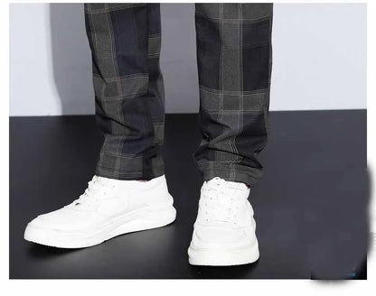 Autumn Winter Luxury Plaid Check Pattern Casual Pants Men Thick Business Elastic Waist Slim Fit Korean Pocket Long Trousers Male